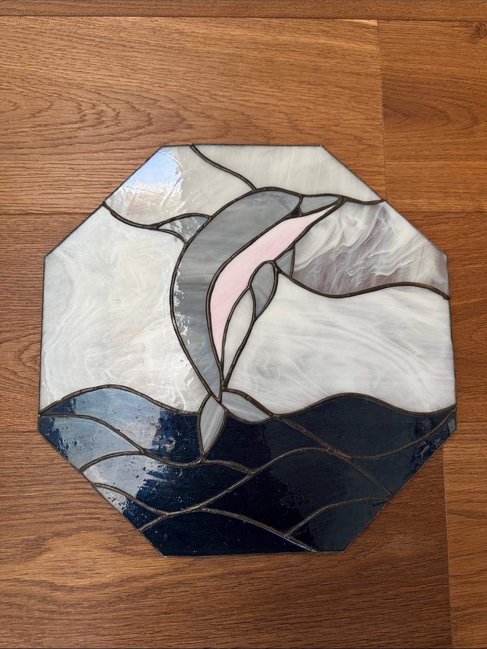Handcrafted Dolphin Stained Glass Wall Art - Blue, Gray & Pink